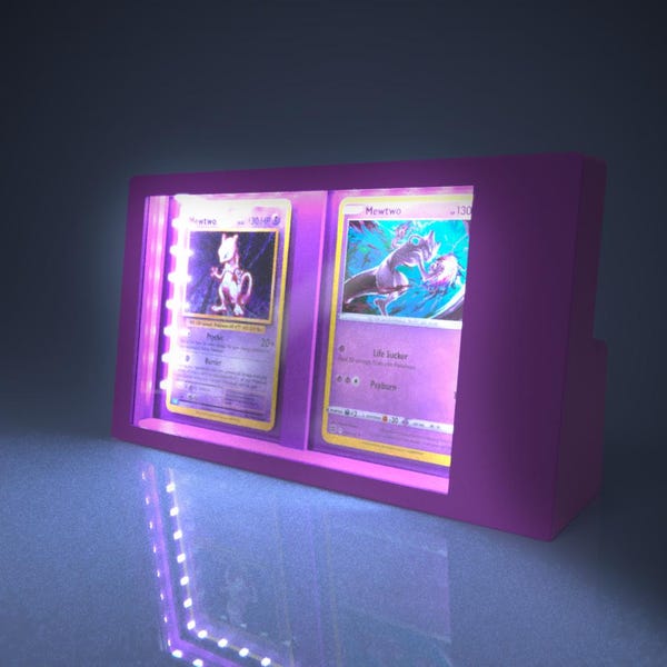 Marco de exhibición para 2 tarjetas con iluminación LED - Vitrina para 3 tarjetas con luz LED (adaptador de pared de 12 V incluido)