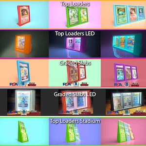 May include: A collection of different display stands for trading cards. The stands are made of plastic and come in a variety of colours, including red, blue, green, and black. Some of the stands have LED lights. The stands are labelled "Top Loaders", "Top Loaders LED", "Graded Slabs", "Graded Slabs LED", and "Top Loaders Stadium".