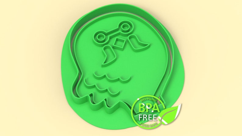 K&ouml;nnte beinhalten: Gr&uuml;ner Plastik-Ausstecher in Form eines freundlichen Gespenstes. Der Ausstecher ist mit einem BPA-freien Label versehen.