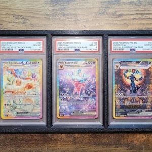 May include: A black framed display case holding three Pokemon trading cards. Each card is encased in a protective holder with a label at the top. The cards feature colorful illustrations and text.