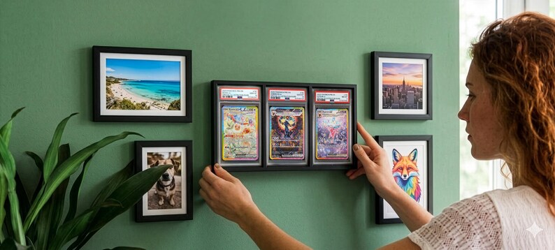May include: A wall display featuring framed artwork and a black frame holding three graded trading cards. Additional framed art includes a beach scene, a cityscape, a dog portrait, and a colorful fox illustration. The wall is painted a muted green.