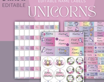 May include: Editable name labels featuring a unicorn theme. The labels are in various shapes and sizes, with different unicorn designs and floral accents. The labels are perfect for personalizing school supplies, lunchboxes, and other items.