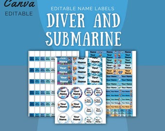 May include: Editable name labels featuring a diver and submarine theme. The labels are blue and white with a variety of designs. The text "Your Name" is repeated on each label.