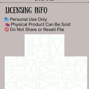 May include: A digital design file for a lantern, labeled "LANTERN DXF File." The image includes licensing information: personal use only, physical product can be sold, and do not share or resell the file. The design is a light green outline.