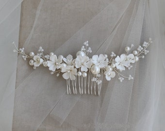 Flora| White Ceramic Floral Pearl Bridal Comb-Silver Bridal Comb-White Ceramic Comb-Silver Ceramic Pearl Hair Comb-White Pearl Hair Comb