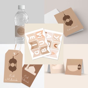 BUNDLE Eid Decor Imprimable - Aïd Moubarak, Bannière, Étiquettes-cadeaux, Cartes de l’Aïd, Étiquettes de bouteilles d’eau, Cartes nominatives, Cartes de place