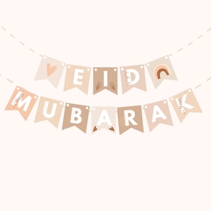 May include: A beige and brown banner with the words "Eid Mubarak" in white letters. The banner is decorated with hearts, leaves, and a rainbow.