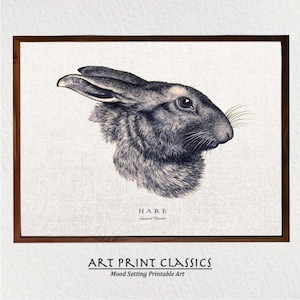 Puede incluir: Una ilustración en blanco y negro de la cabeza de una liebre, con el texto "HARE" y "Samuel Howitt" debajo de la imagen.