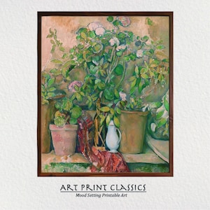 May include: A still life painting of a potted plant with white flowers and green leaves. The plant is in a brown pot and is sitting on a table with a white pitcher and a red cloth.