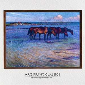 May include: A painting of four brown horses standing in shallow water. The water is a light blue color and the sky is a light blue with a few white clouds. The horses are facing the viewer and their heads are down. The painting is done in a style that is reminiscent of impressionism.