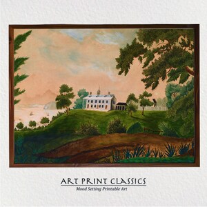 Folk Art Mount Vernon Landscape Printable | Countryside Wall Art | Primitive Landscape Painting | Rustic Farmhouse Print | NA9