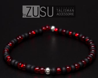 Minimalist Men's Beaded Bracelet: Red & Black, Sterling Silver