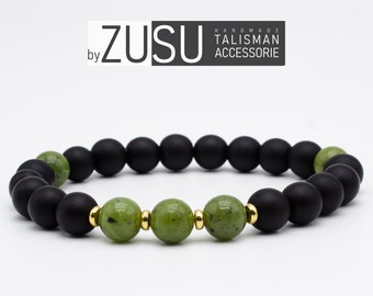 Green Jade & Black Onyx Mens Bracelet: August Birthstone Jewelry