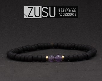 Amethyst Balance Bracelet with Black Beads, Minimalist Mens Bracelet, February Birthstone Bracelet, Gift for him, Healing Bracelet, 4mm