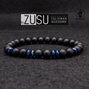Blue Hematite & Matte Black Onyx Beaded Bracelet - Protection Jewelry