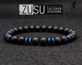Bracciale con perline in ematite blu e onice nero opaco - Gioielli di protezione