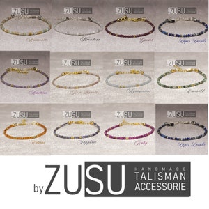 May include: A collection of 12 bracelets made with different gemstones, each bracelet has a gold clasp and is labeled with the name of the gemstone. The bracelets are arranged in four rows of three, with the brand name "ZUSU by TALISMAN ACCESSORIE" at the bottom.