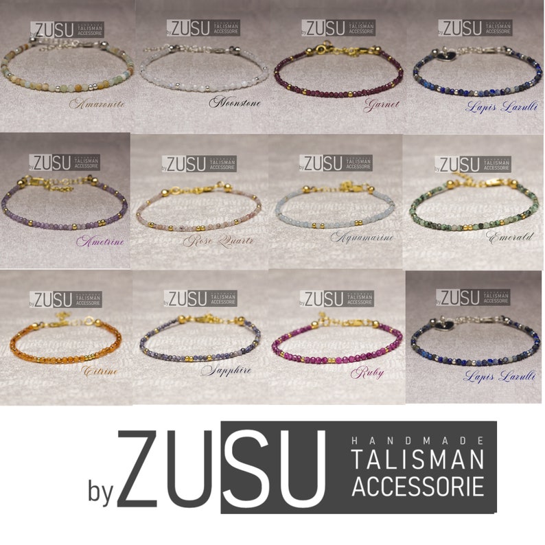 May include: A collection of 12 bracelets made with different gemstones, each bracelet has a gold clasp and is labeled with the name of the gemstone. The bracelets are arranged in four rows of three, with the brand name "ZUSU by TALISMAN ACCESSORIE" at the bottom.
