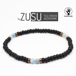 Aquamarine Beaded Bracelet: Minimalist Black Gemstone, March Birthstone
