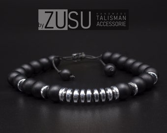 Black Onyx & Silver Hematite Mens Beaded Bracelet - Adjustable Stone Bracelet