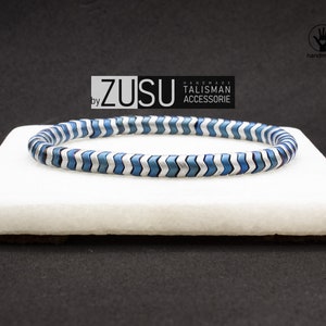 Blue & Grey Hematite Stone Mens Bracelet: Wave-Cut Style, 6mm