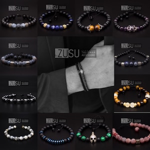 May include: A collection of 12 bracelets with various gemstone beads and metal accents. The bracelets are made with black lava rock beads and feature different colored gemstones, including blue, green, red, and brown. Some bracelets have metal accents, such as a crown, a skull, and a small metal bar. The bracelets are displayed on a black background.