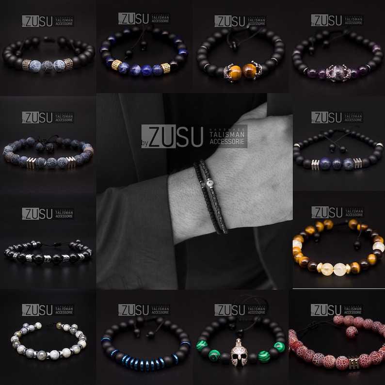 May include: A collection of 12 bracelets with various gemstone beads and metal accents. The bracelets are made with black lava rock beads and feature different colored gemstones, including blue, green, red, and brown. Some bracelets have metal accents, such as a crown, a skull, and a small metal bar. The bracelets are displayed on a black background.