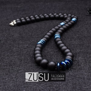 Matte Black Onyx and Blue Hematite Bead Necklace for Men, mens Necklace , Mens beaded Necklace , Gift for Him, Protection Necklace