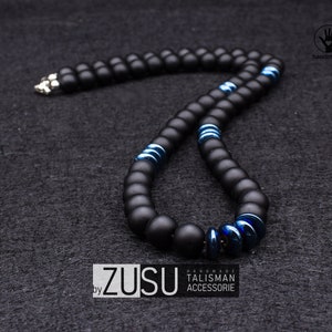 Matte Black Onyx & Blue Hematite Beaded Necklace for Men