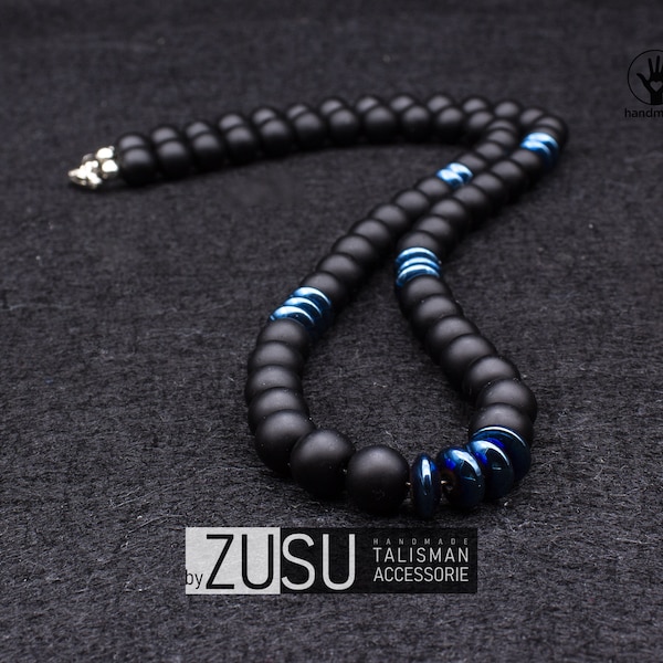 Matte Black Onyx and Blue Hematite Bead Necklace for Men, mens Necklace , Mens beaded Necklace , Gift for Him, Protection Necklace