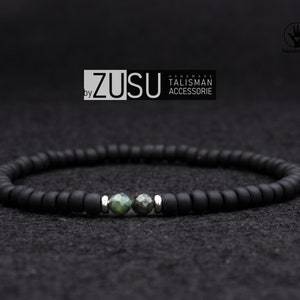 Emerald Bracelet with Black Beads: Minimalist May Birthstone Mens Bracelet