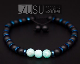 Mens Aquamarine Bracelet: Matte Black Onyx & Blue Hematite Gemstone