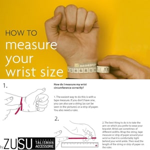 May include: How to measure your wrist size using a tape measure or string. The image shows a hand with a tape measure around the wrist and a diagram of how to measure the wrist with a string. The text reads "How to measure your wrist size" and "How do I measure my wrist circumference correctly?"