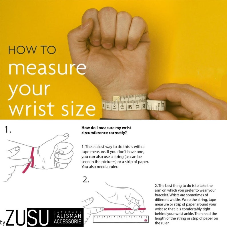 May include: How to measure your wrist size using a tape measure or string. The image shows a hand with a tape measure around the wrist and a diagram of how to measure the wrist with a string. The text reads "How to measure your wrist size" and "How do I measure my wrist circumference correctly?"