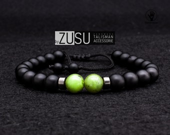 Green Jade & Matte Onyx Mens Bracelet: Adjustable Beaded Jewelry
