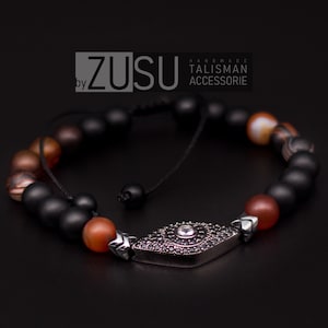 Adjustable Evil Eye Charm Bracelet: Agate & Matte Onyx, Men&#39;s Gift