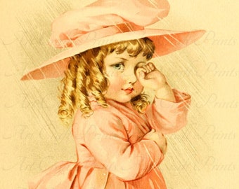 Vintage Victorian Child "Spring Rain" Arte Impresión Digital Descarga instantánea para hojas de collage, Atc, Aceo, Scrapbooking, Arte alterado