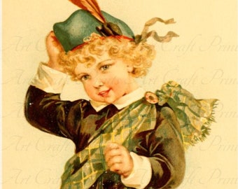 Vintage victorian niño "tartan primavera" arte impresión digital descarga instantánea para hojas de collage, Atc, Aceo, scrapbooking, arte alterado