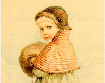Vintage victorian niño "Winter Walk" arte impresión digital descarga instantánea para hojas de collage, Atc, Aceo, scrapbooking, arte alterado
