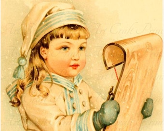 Vintage victorian niño "Winter Sleigh" arte impresión digital descarga instantánea para hojas de collage, Atc, Aceo, scrapbooking, arte alterado