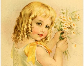 Vintage victorian niño "Summer Daisy" arte imprimir descarga instantánea digital para hojas de collage, Atc, Aceo, scrapbooking, arte alterado