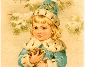Vintage Victorian Child "Winter Cones" Art Print Digital Instant Download For Collage Sheets, Atc, Aceo, Scrapbooking, Altered Art