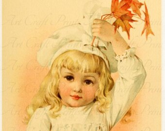 Vintage Victorian Child "Autumn Leaves" Art Print Digital Instant Download For Collage Sheets, Atc, Aceo, Scrapbooking, Altered Art