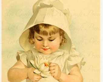 Vintage victorian niño "flor de verano" arte impresión digital descarga instantánea para hojas de collage, Atc, Aceo, scrapbooking, arte alterado