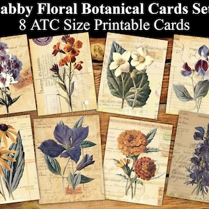 8 Shabby Floral Botanical ATC Set #1 - Hojas de Collage Digital Efemérides, Tarjetas Vintage, Descarga imprimible, Collage Digital, Floral Atc, Aceo