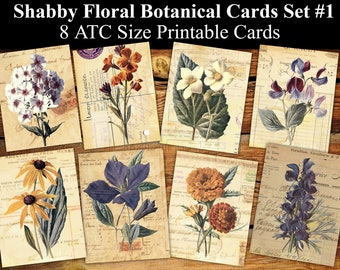 8 Shabby Floral Botanical ATC Set #1 - Digital Collage Sheets Ephemera, Vintage Cards, Printable Download, Digital Collage, Floral Atc, Aceo