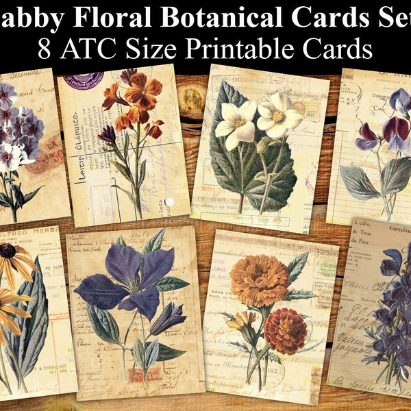 8 Shabby Floral Botanical ATC Set #1 - Digital Collage Sheets Ephemera, Vintage Cards, Printable Download, Digital Collage, Floral Atc, Aceo