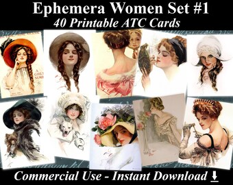 40 EPHEMERA VROUWEN SET #1 - Digitale Collage Sheets Ephemera, Vintage Kaarten, Afdrukbare Download, Digitale Collage, Ephemera Atc, Aceo