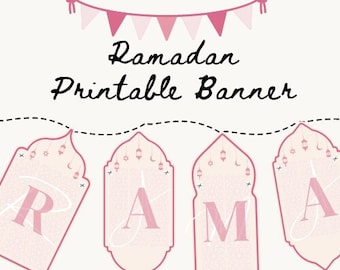 Banner imprimible de Ramadán Mubarak, rosa, descarga instantánea