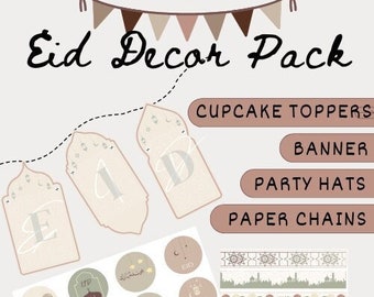 Paquete de decoración digital para Eid - Pancarta imprimible para Eid - Adornos para cupcakes para Eid - Sombreros de fiesta para Eid - Cadenas de papel para Eid - SOLO DESCARGA DIGITAL (formato PDF)